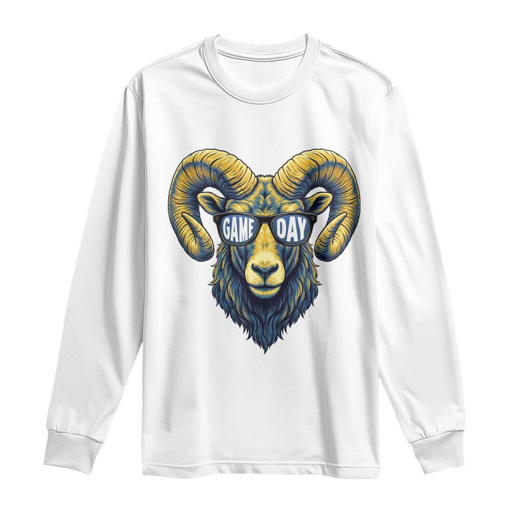 Cool Ram Game Day Bighorn Sheep Graphic Long Sleeve Shirt Bold Blue and Gold Fan TS02 White Print Your Wear