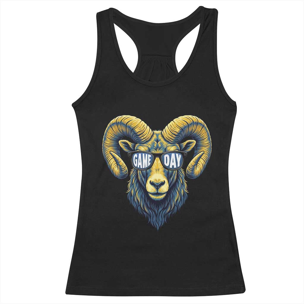 Cool Ram Game Day Bighorn Sheep Graphic Racerback Tank Top Bold Blue and Gold Fan TS02 Black Print Your Wear