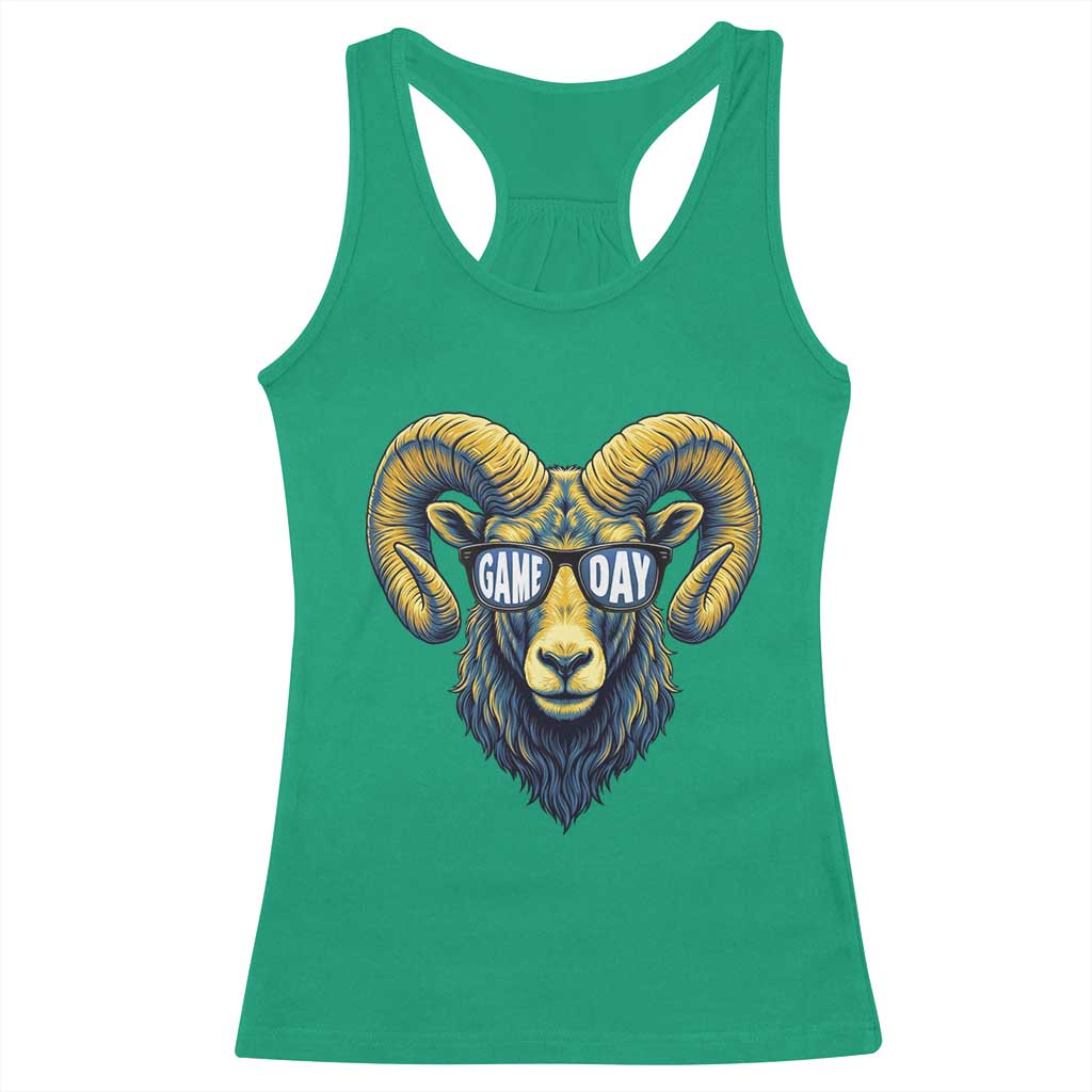 Cool Ram Game Day Bighorn Sheep Graphic Racerback Tank Top Bold Blue and Gold Fan TS02 Irish Green Print Your Wear