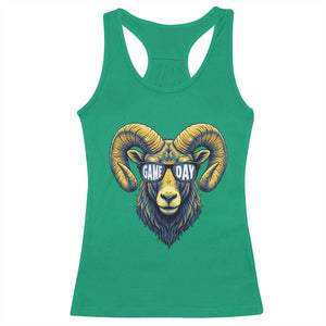 Cool Ram Game Day Bighorn Sheep Graphic Racerback Tank Top Bold Blue and Gold Fan TS02 Irish Green Print Your Wear