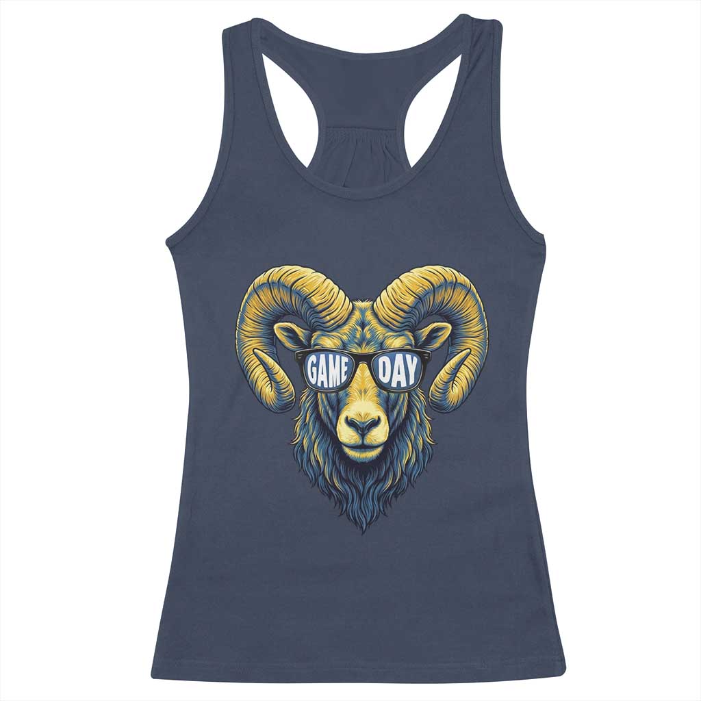 Cool Ram Game Day Bighorn Sheep Graphic Racerback Tank Top Bold Blue and Gold Fan TS02 Navy Print Your Wear