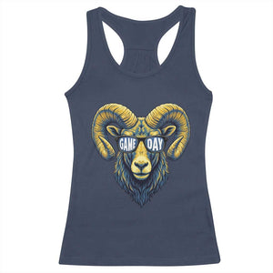 Cool Ram Game Day Bighorn Sheep Graphic Racerback Tank Top Bold Blue and Gold Fan TS02 Navy Print Your Wear