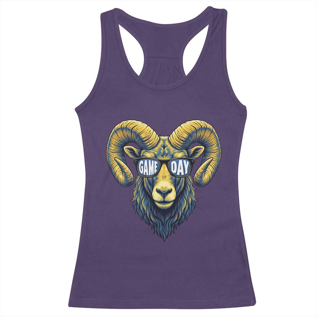 Cool Ram Game Day Bighorn Sheep Graphic Racerback Tank Top Bold Blue and Gold Fan TS02 Purple Print Your Wear
