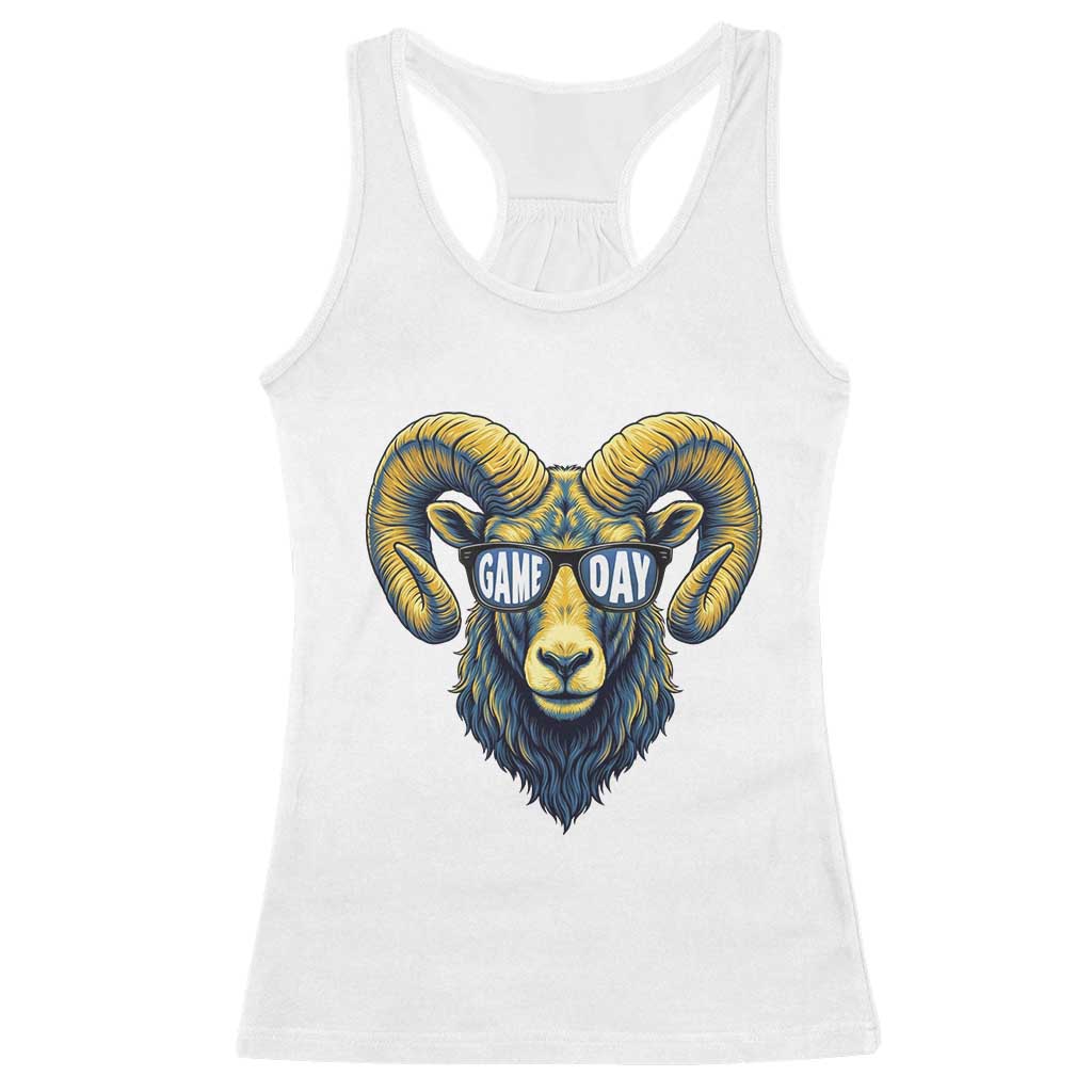 Cool Ram Game Day Bighorn Sheep Graphic Racerback Tank Top Bold Blue and Gold Fan TS02 White Print Your Wear