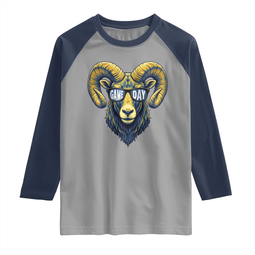 Cool Ram Game Day Bighorn Sheep Graphic Raglan Shirt Bold Blue and Gold Fan TS02 Sport Gray Navy Print Your Wear