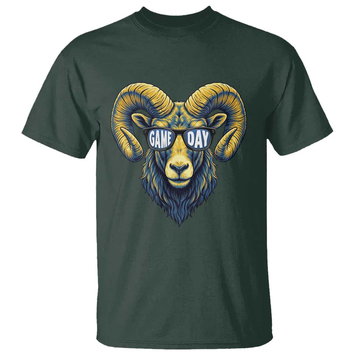 Cool Ram Game Day Bighorn Sheep Graphic T Shirt Bold Blue and Gold Fan TS02 Dark Forest Green Print Your Wear
