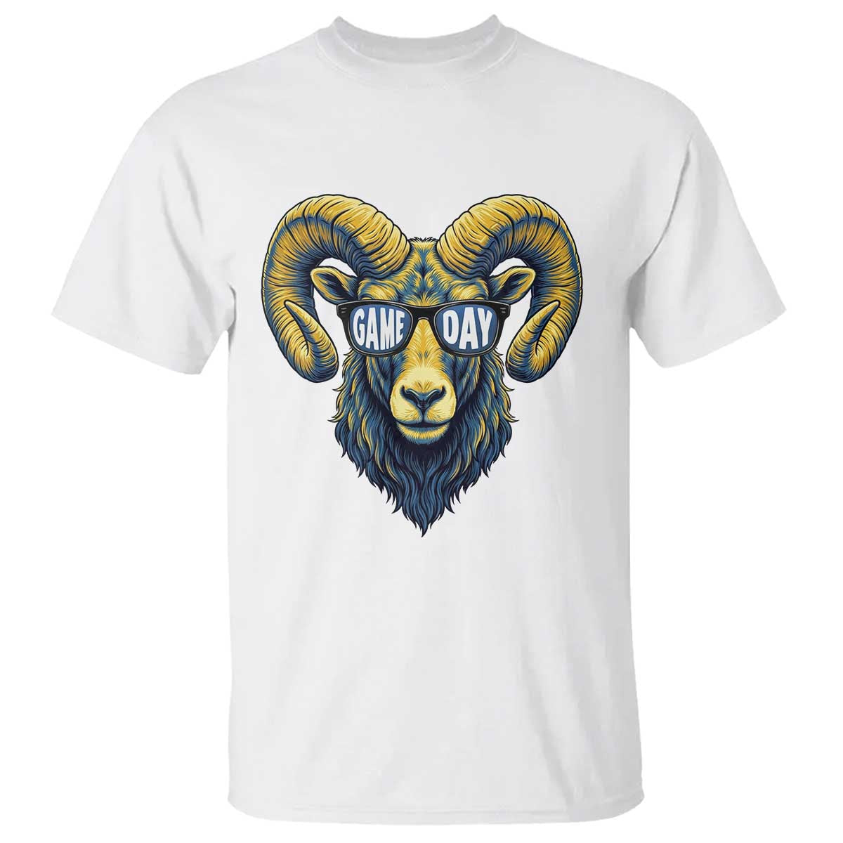 Cool Ram Game Day Bighorn Sheep Graphic T Shirt Bold Blue and Gold Fan TS02 White Print Your Wear