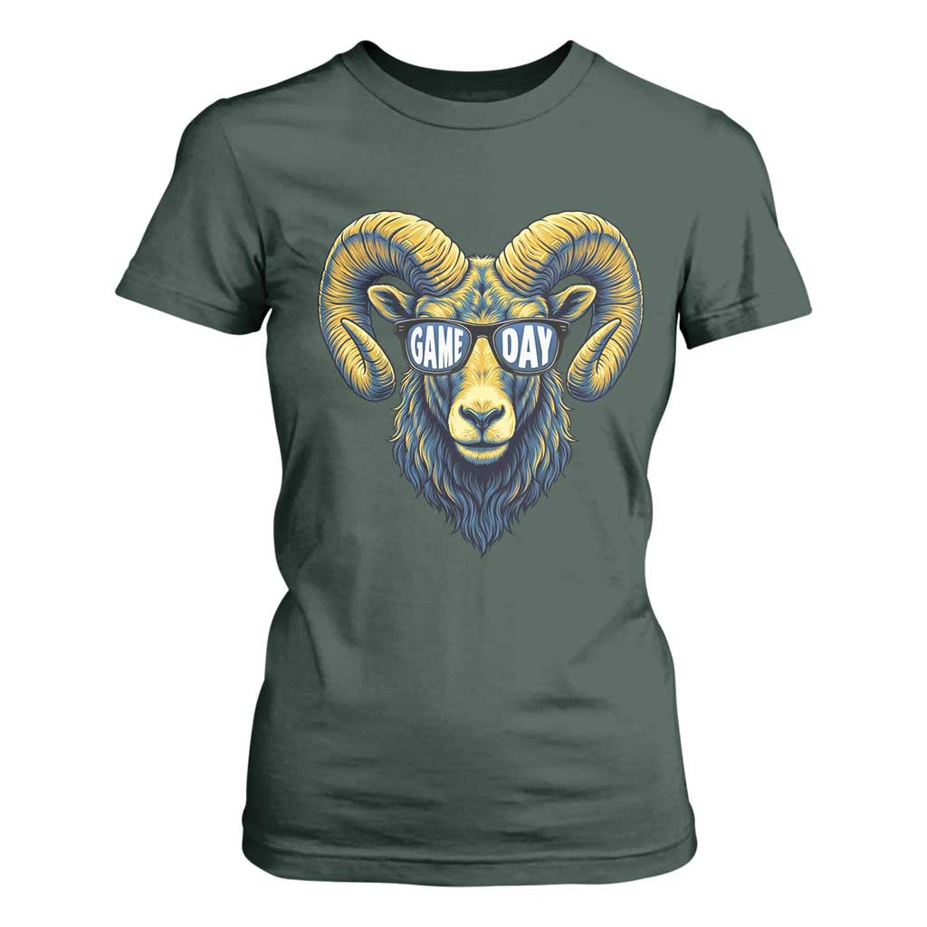 Cool Ram Game Day Bighorn Sheep Graphic T Shirt For Women Bold Blue and Gold Fan TS02 Dark Forest Green Print Your Wear