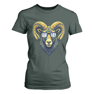 Cool Ram Game Day Bighorn Sheep Graphic T Shirt For Women Bold Blue and Gold Fan TS02 Dark Forest Green Print Your Wear