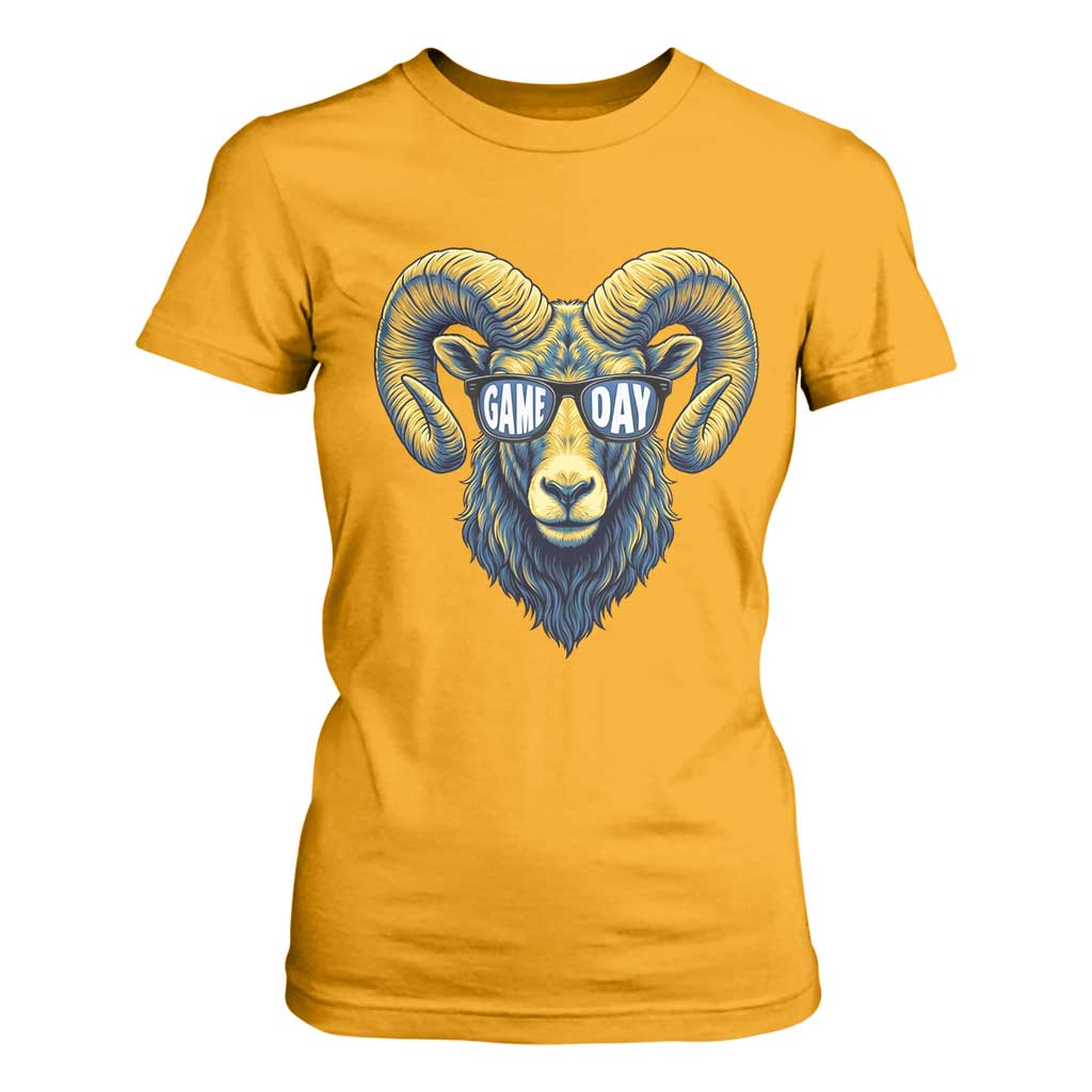 Cool Ram Game Day Bighorn Sheep Graphic T Shirt For Women Bold Blue and Gold Fan TS02 Gold Print Your Wear