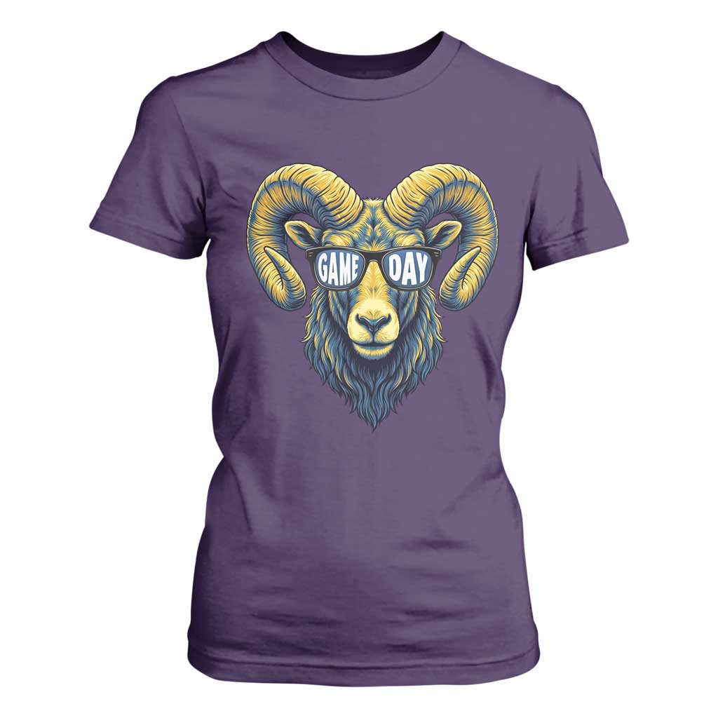 Cool Ram Game Day Bighorn Sheep Graphic T Shirt For Women Bold Blue and Gold Fan TS02 Purple Print Your Wear