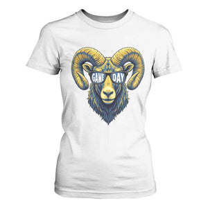 Cool Ram Game Day Bighorn Sheep Graphic T Shirt For Women Bold Blue and Gold Fan TS02 White Print Your Wear