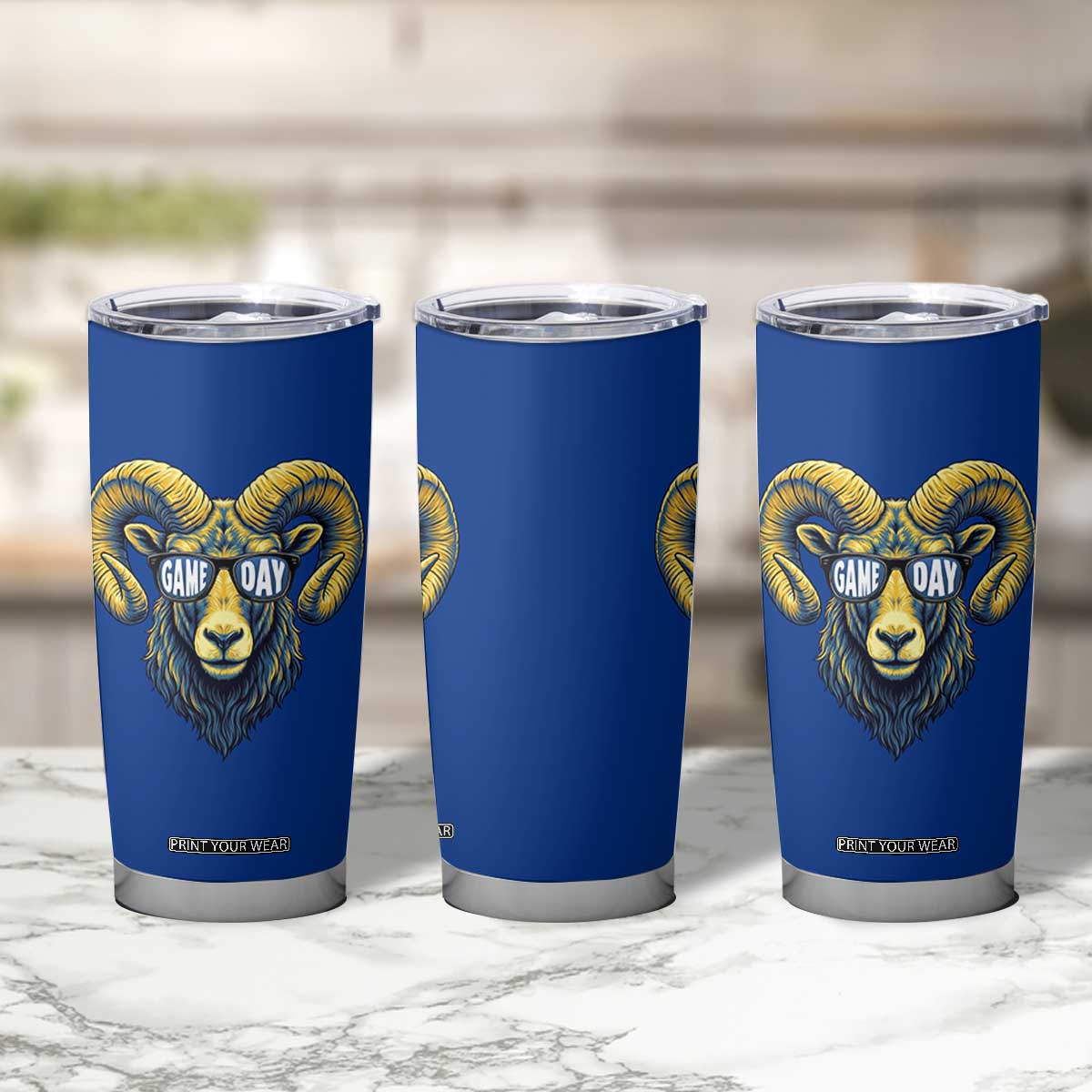 Cool Ram Game Day Bighorn Sheep Graphic Tumbler Cup Bold Blue and Gold Fan TS02 Print Your Wear