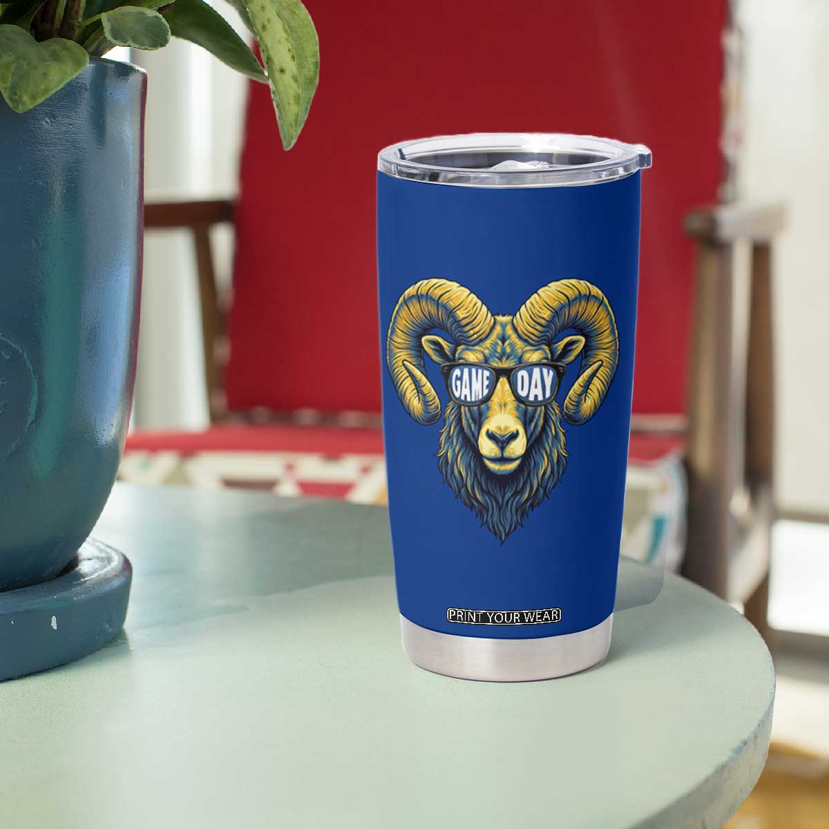Cool Ram Game Day Bighorn Sheep Graphic Tumbler Cup Bold Blue and Gold Fan TS02 Print Your Wear