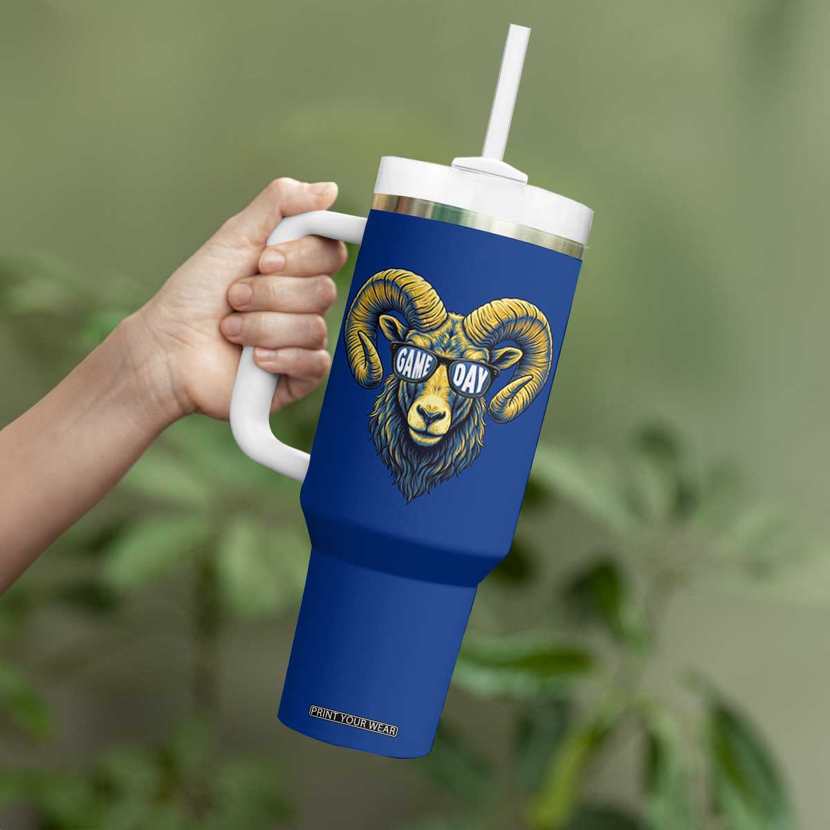 Cool Ram Game Day Bighorn Sheep Graphic Tumbler With Handle Bold Blue and Gold Fan TS02 Print Your Wear