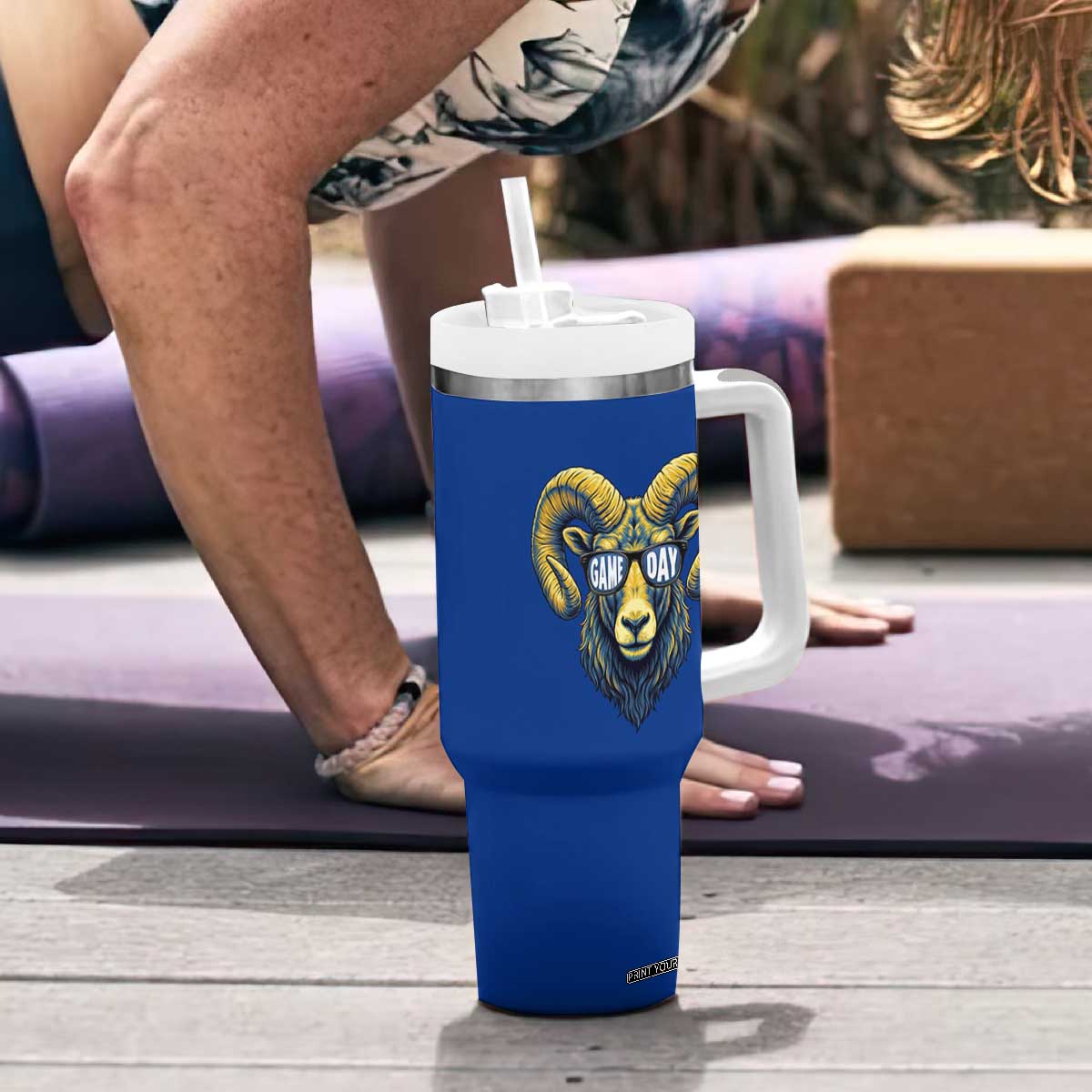 Cool Ram Game Day Bighorn Sheep Graphic Tumbler With Handle Bold Blue and Gold Fan TS02 Print Your Wear