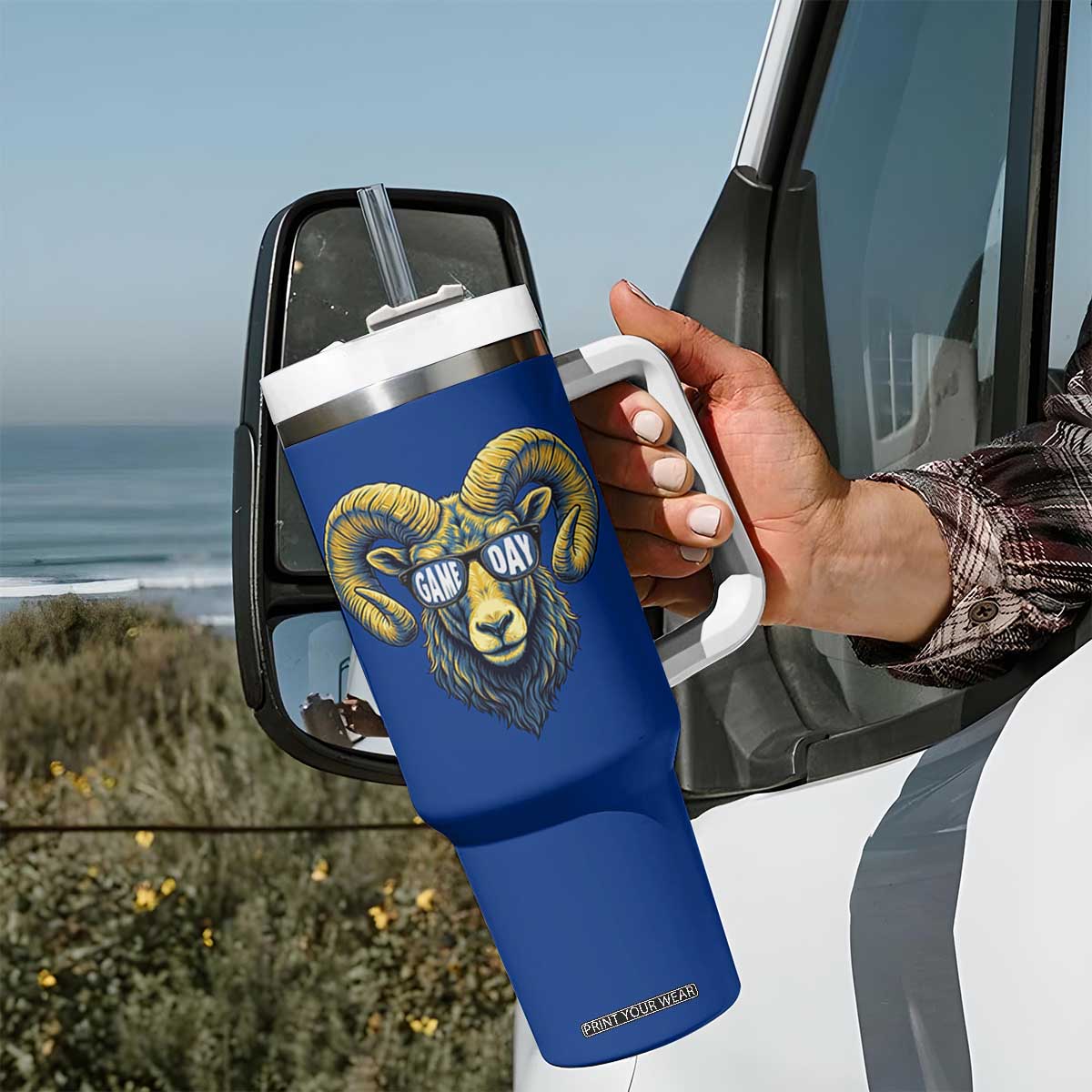 Cool Ram Game Day Bighorn Sheep Graphic Tumbler With Handle Bold Blue and Gold Fan TS02 Print Your Wear