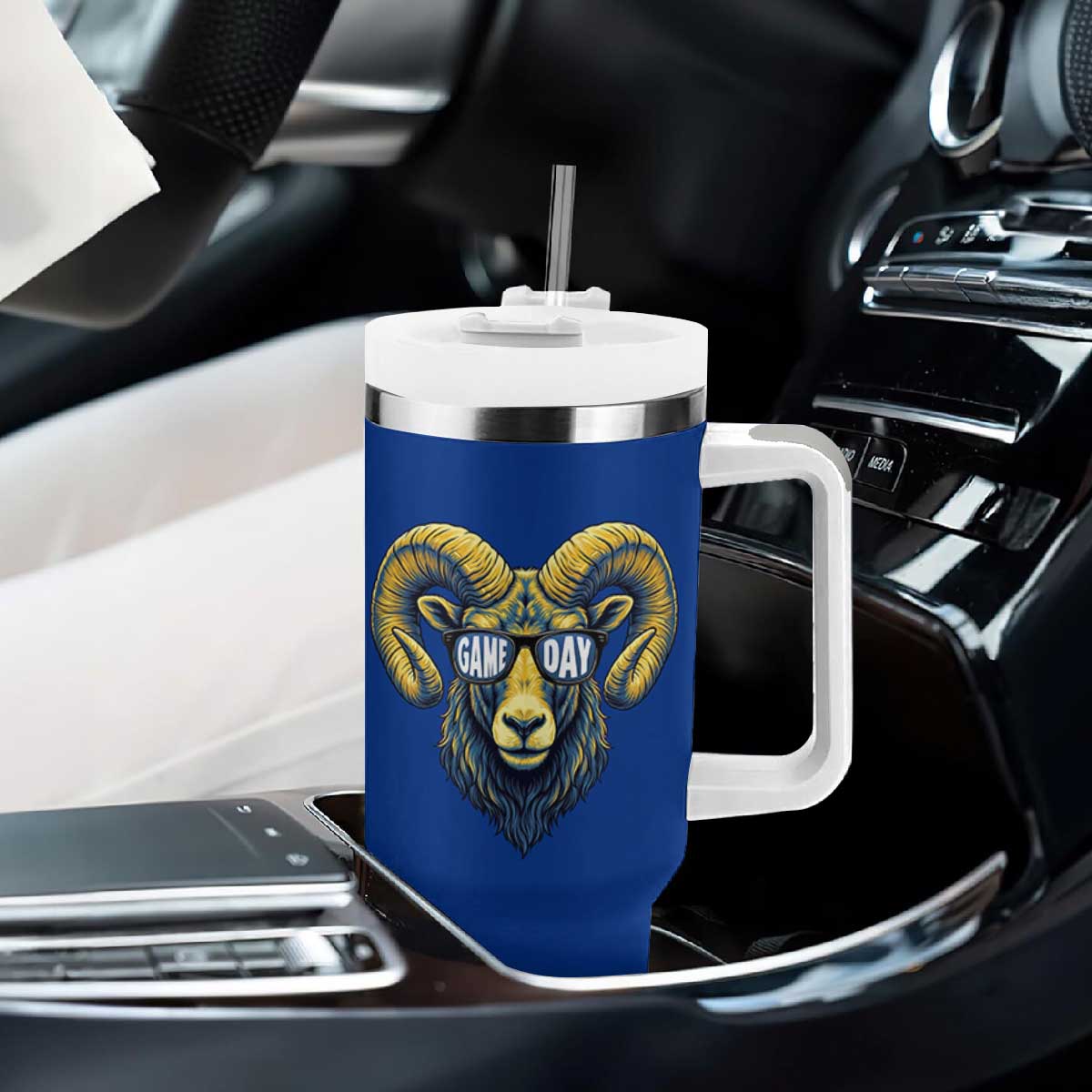 Cool Ram Game Day Bighorn Sheep Graphic Tumbler With Handle Bold Blue and Gold Fan TS02 Print Your Wear