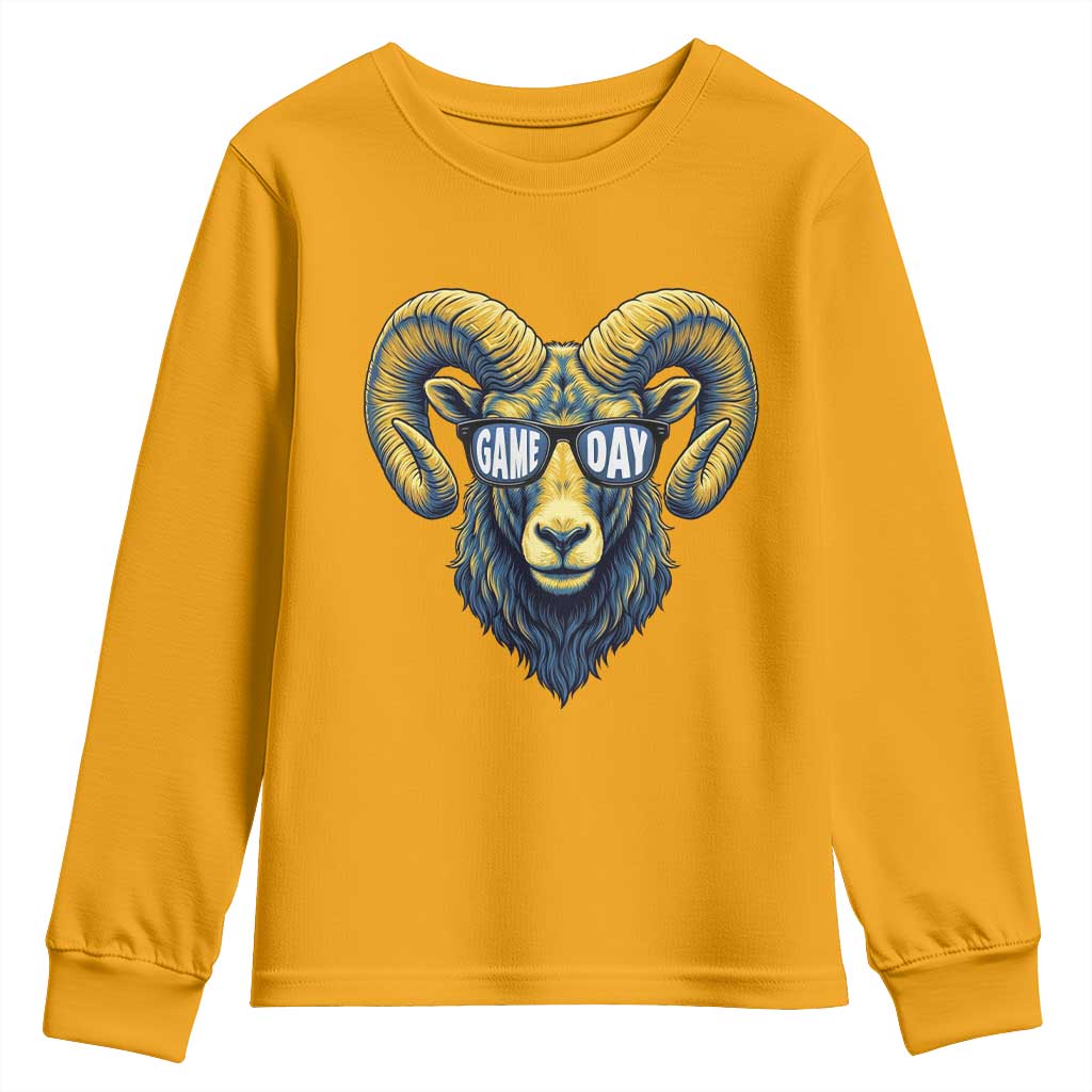 Cool Ram Game Day Bighorn Sheep Graphic Youth Sweatshirt Bold Blue and Gold Fan TS02 Gold Print Your Wear
