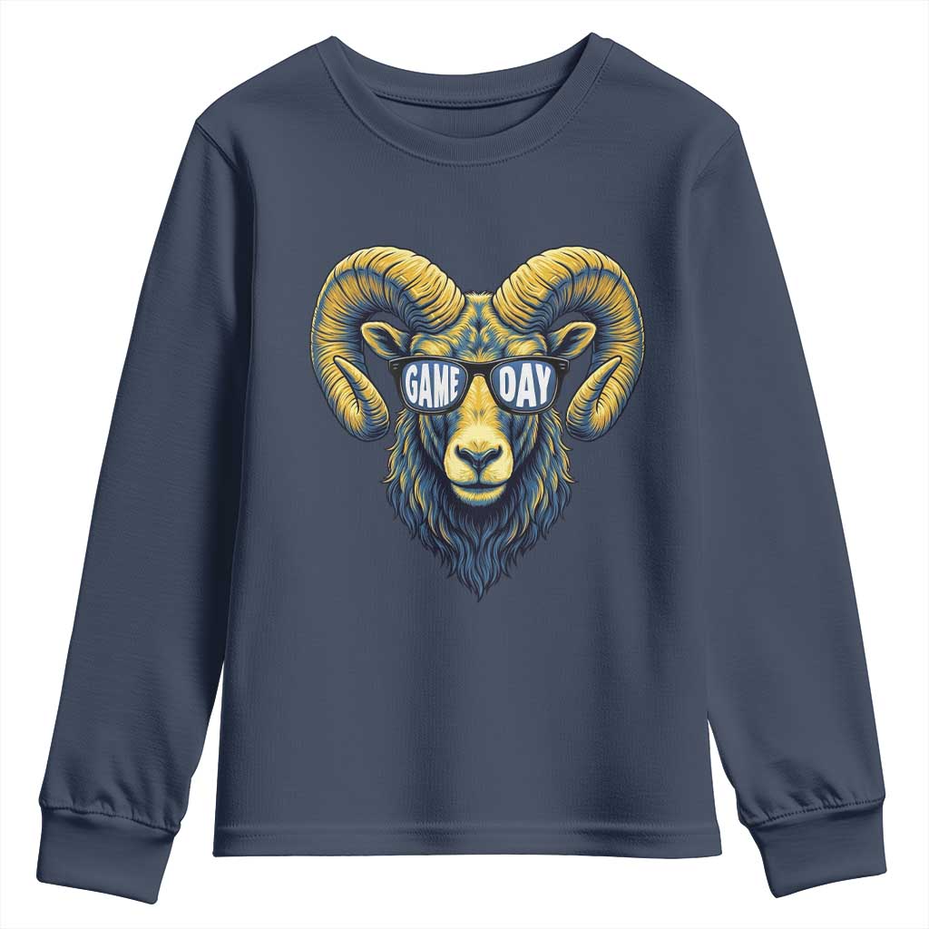 Cool Ram Game Day Bighorn Sheep Graphic Youth Sweatshirt Bold Blue and Gold Fan TS02 Navy Print Your Wear
