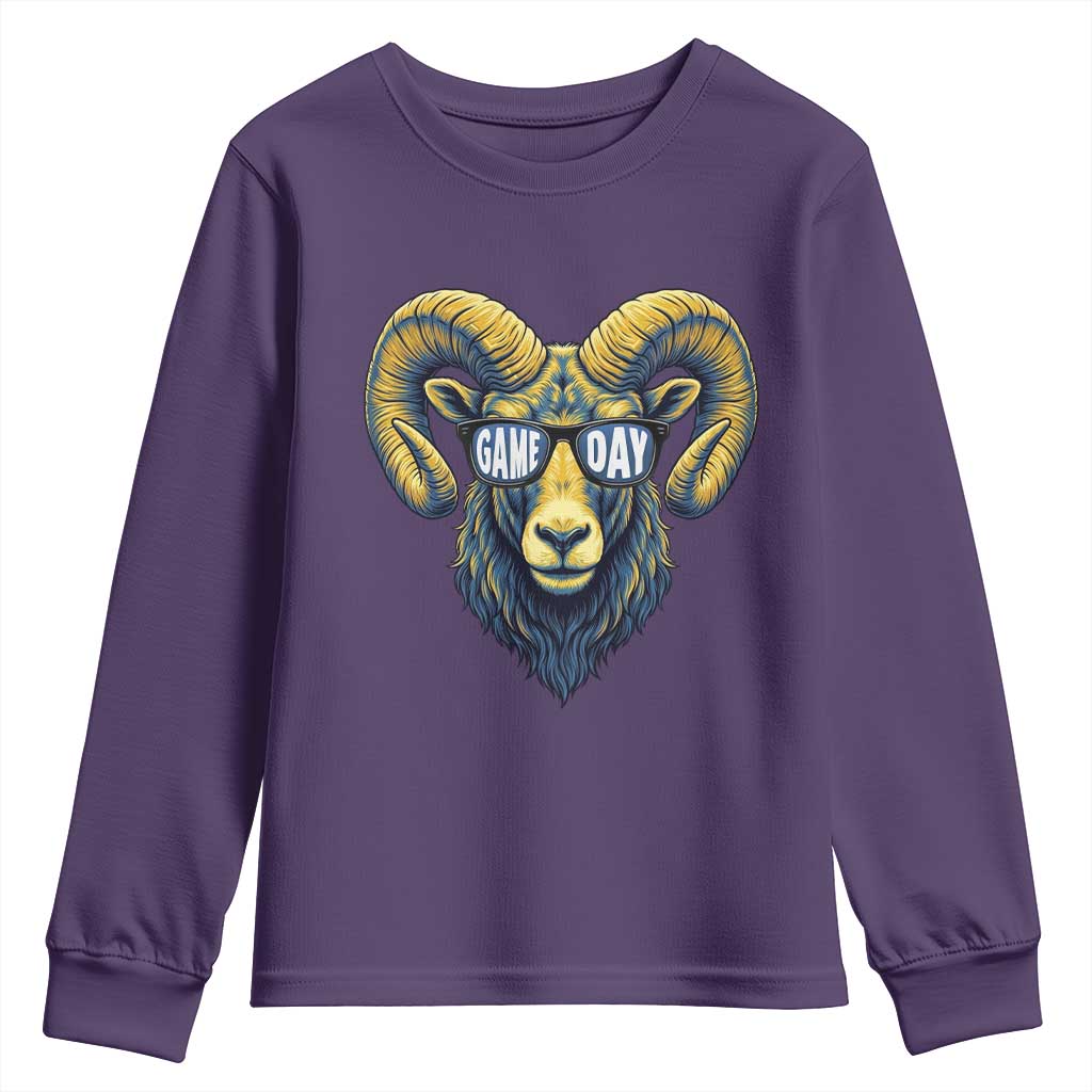 Cool Ram Game Day Bighorn Sheep Graphic Youth Sweatshirt Bold Blue and Gold Fan TS02 Purple Print Your Wear
