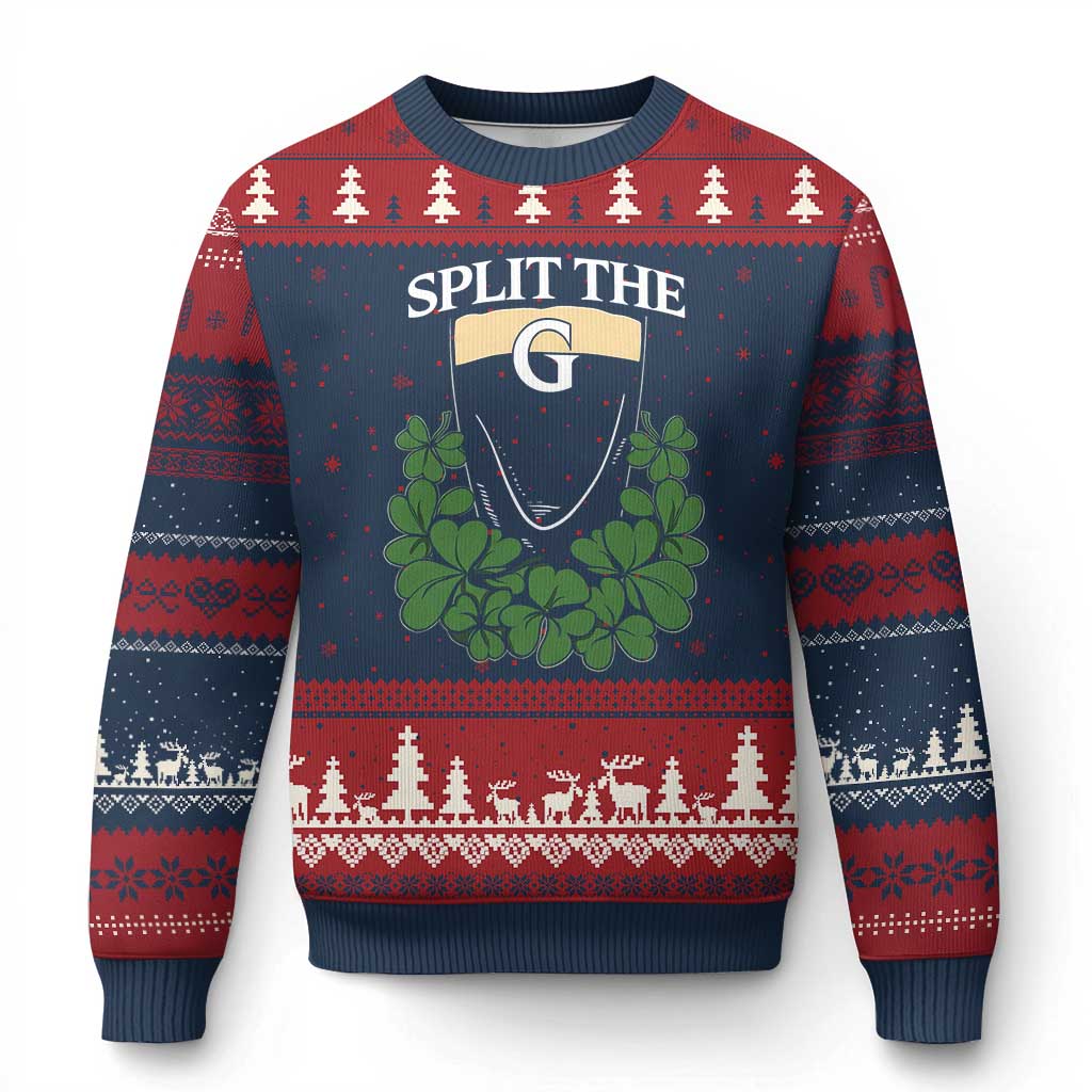 Split the G Funny Irish Stout Beer Drinking Game Ugly Christmas Sweater St. Patrick’s Day Shamrocks Pub Crawl Crew TS02 Navy Red Print Your Wear