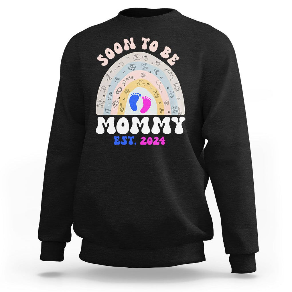 New Mom Sweatshirt Soon To Be Mommy Est 2024 Blue Pink Baby Feets Rainbow TS02 Black Printyourwear