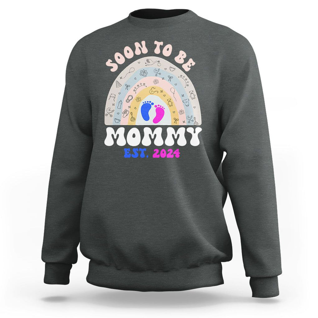 New Mom Sweatshirt Soon To Be Mommy Est 2024 Blue Pink Baby Feets Rainbow TS02 Dark Heather Printyourwear