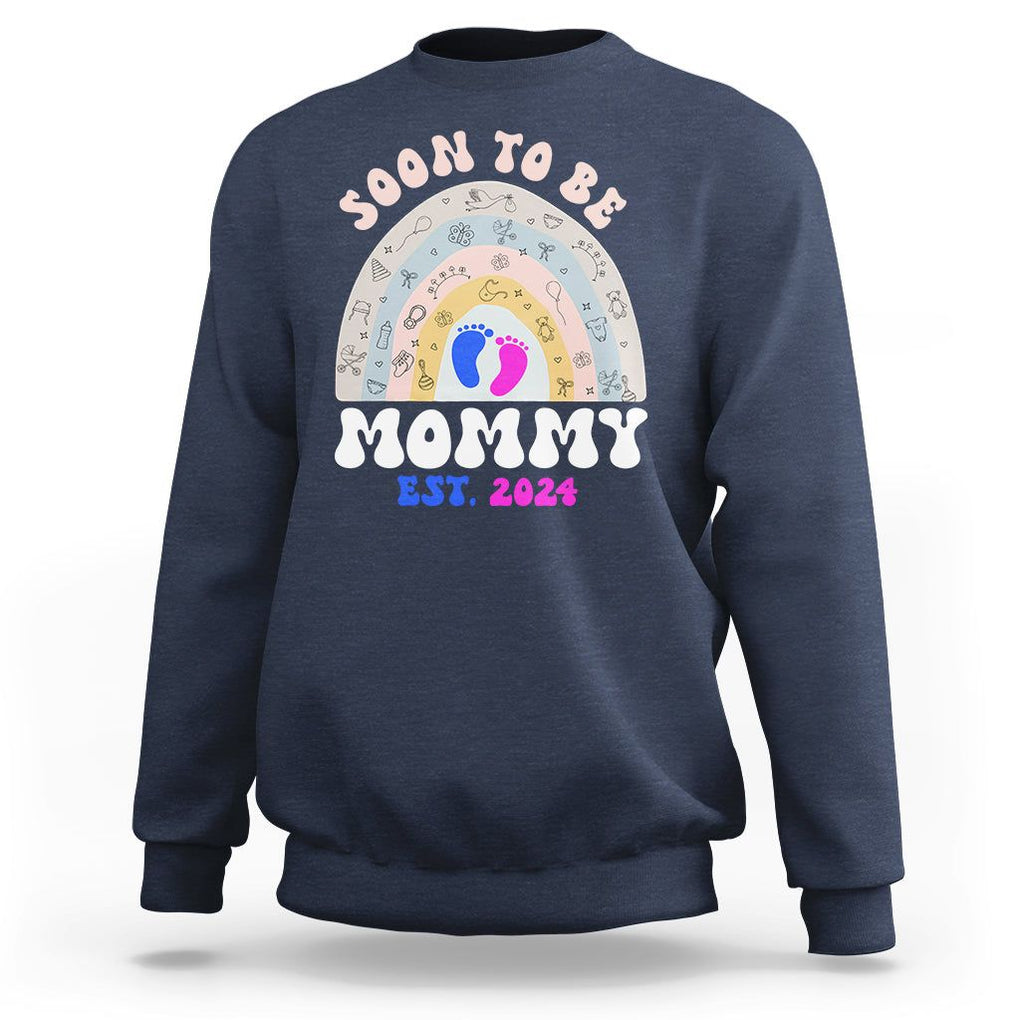 New Mom Sweatshirt Soon To Be Mommy Est 2024 Blue Pink Baby Feets Rainbow TS02 Navy Printyourwear