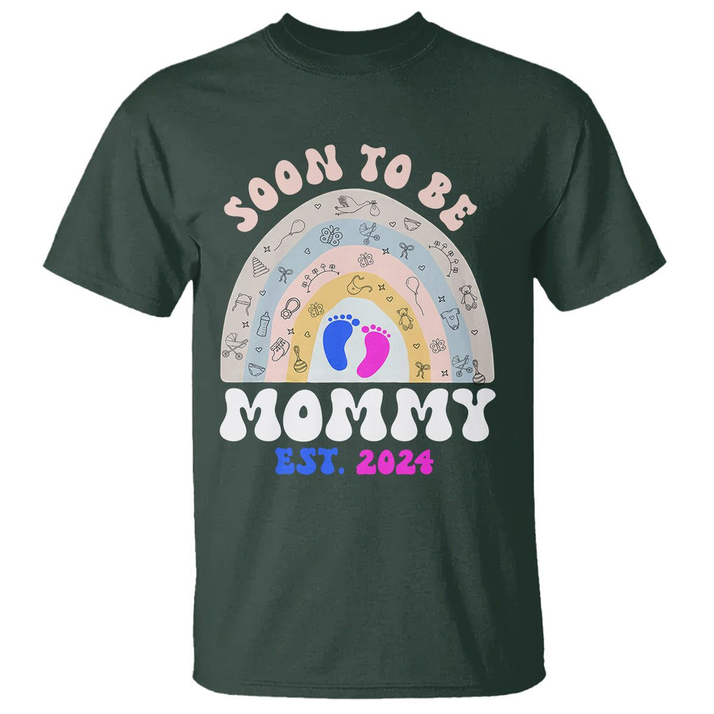 New Mom T Shirt Soon To Be Mommy Est 2024 Blue Pink Baby Feets Rainbow TS02 Dark Forest Green Printyourwear