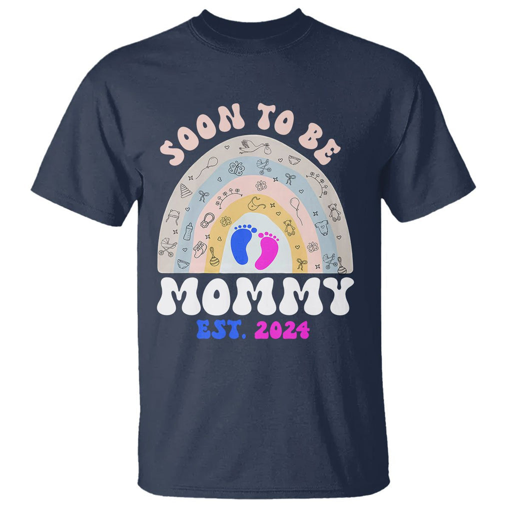New Mom T Shirt Soon To Be Mommy Est 2024 Blue Pink Baby Feets Rainbow TS02 Navy Printyourwear