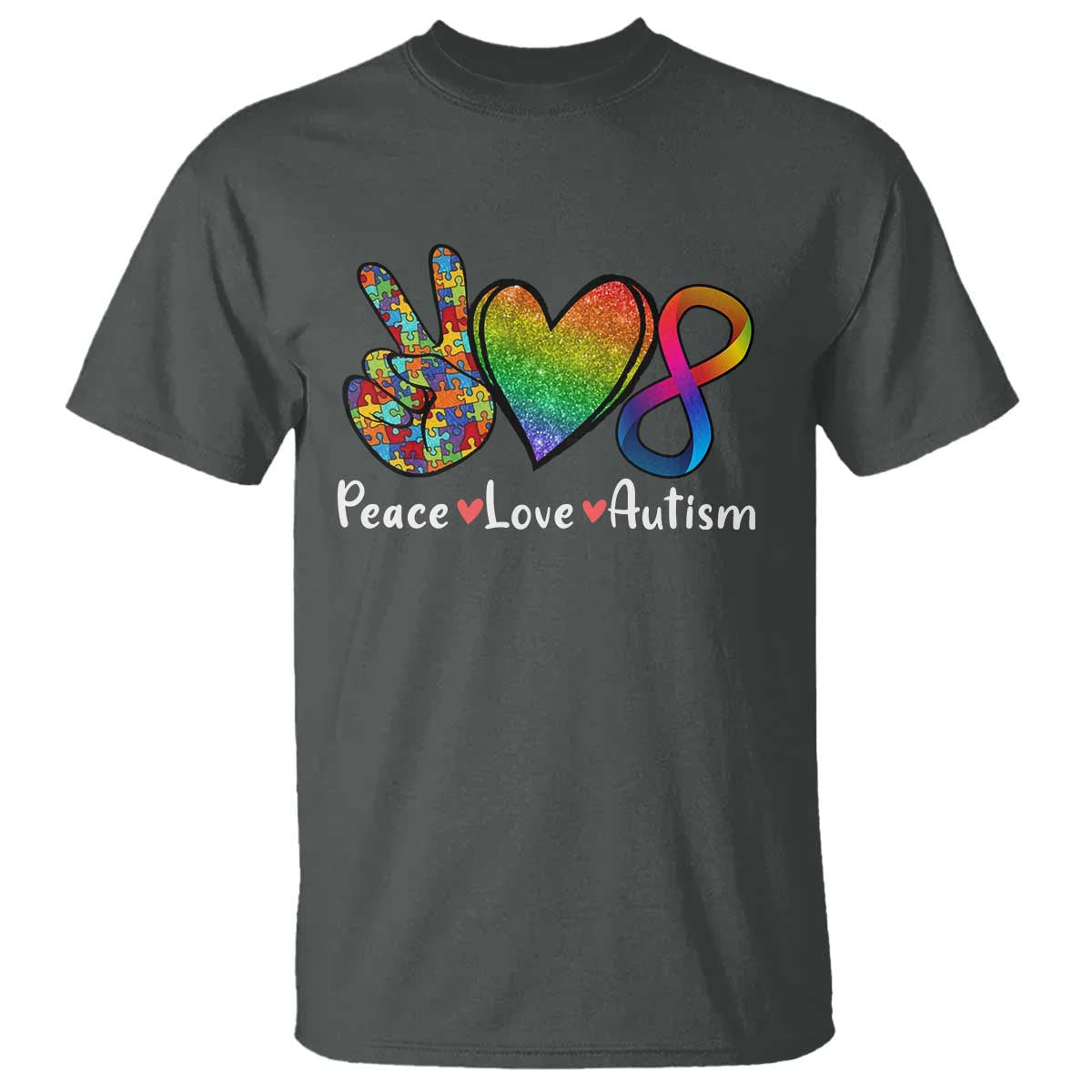 Peace Love Autism T Shirt Support Accept Love Rainbow Infinity Jigsaw Puzzle TS02 Dark Heather Printyourwear