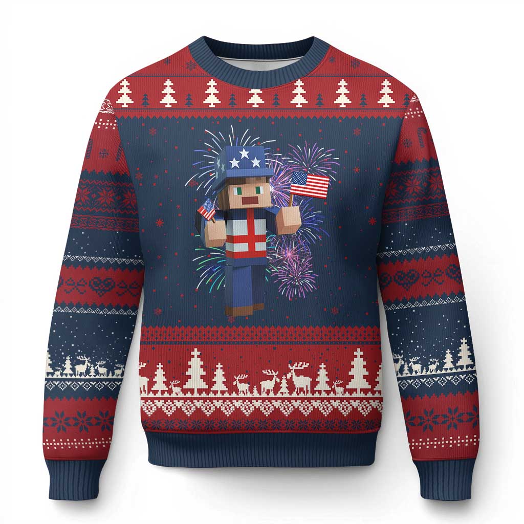 4th of July Gamer Ugly Christmas Sweater Uncle Sam Pixels Gaming Celebrate Independence Day TS02 Navy Red Print Your Wear