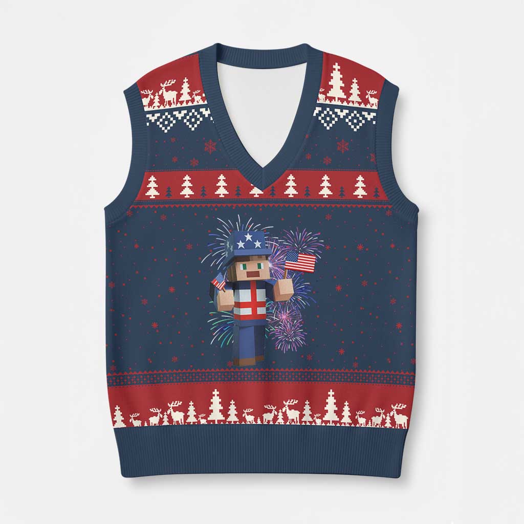 4th of July Gamer V-Neck Knit Sweater Vest Uncle Sam Pixels Gaming Celebrate Independence Day TS02 Navy Red Print Your Wear