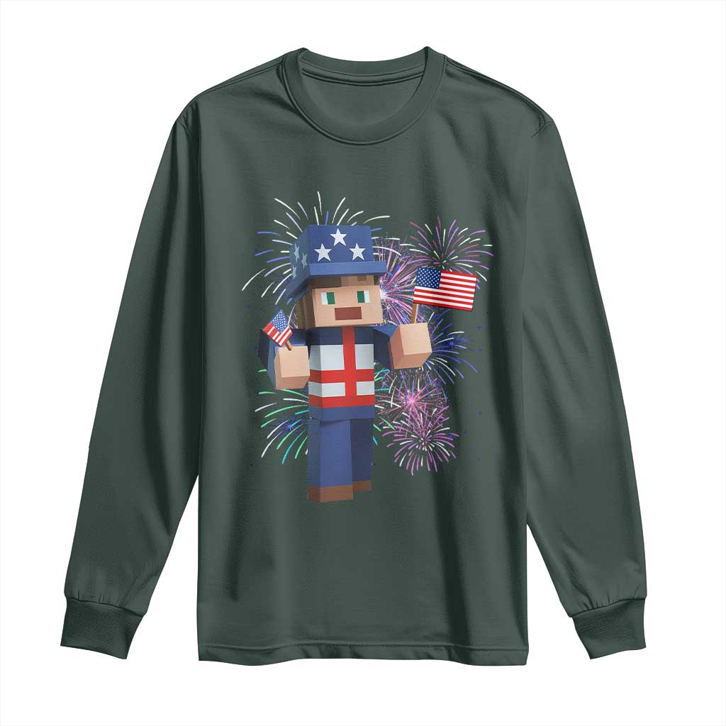 4th of July Gamer Long Sleeve Shirt Uncle Sam Pixels Gaming Celebrate Independence Day TS02 Dark Forest Green Print Your Wear