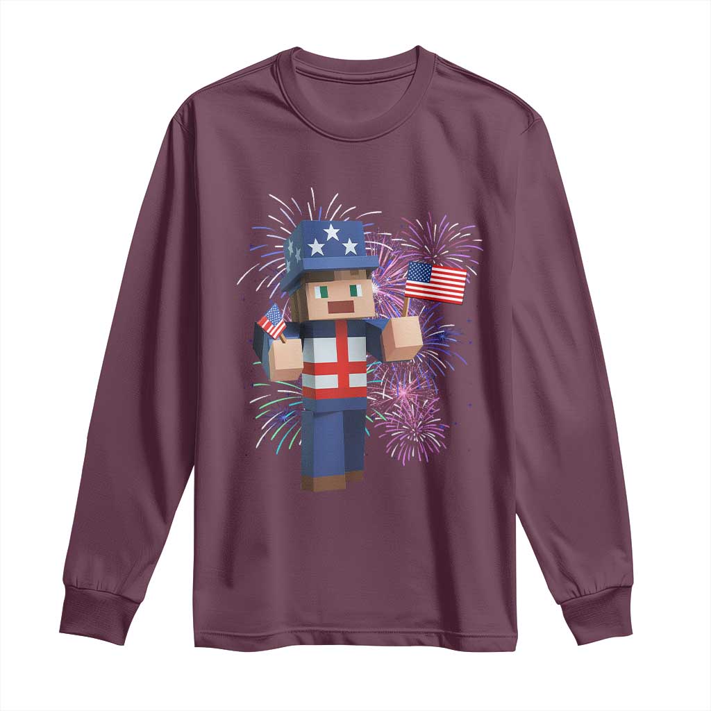 4th of July Gamer Long Sleeve Shirt Uncle Sam Pixels Gaming Celebrate Independence Day TS02 Maroon Print Your Wear