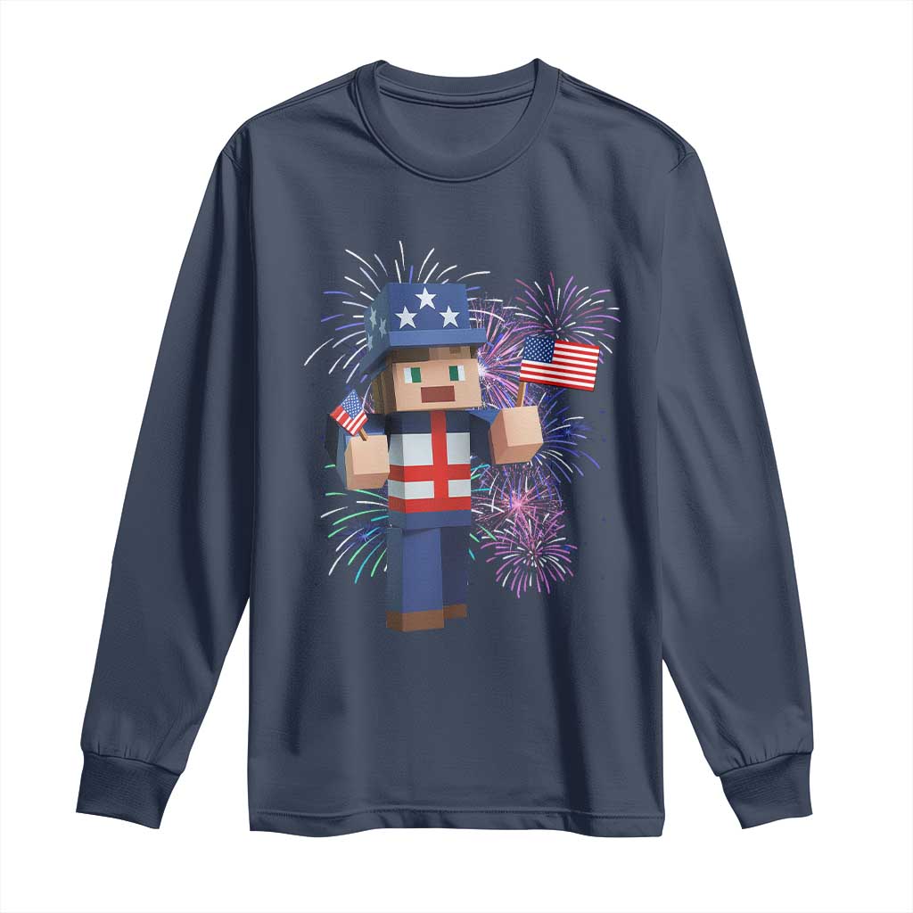 4th of July Gamer Long Sleeve Shirt Uncle Sam Pixels Gaming Celebrate Independence Day TS02 Navy Print Your Wear