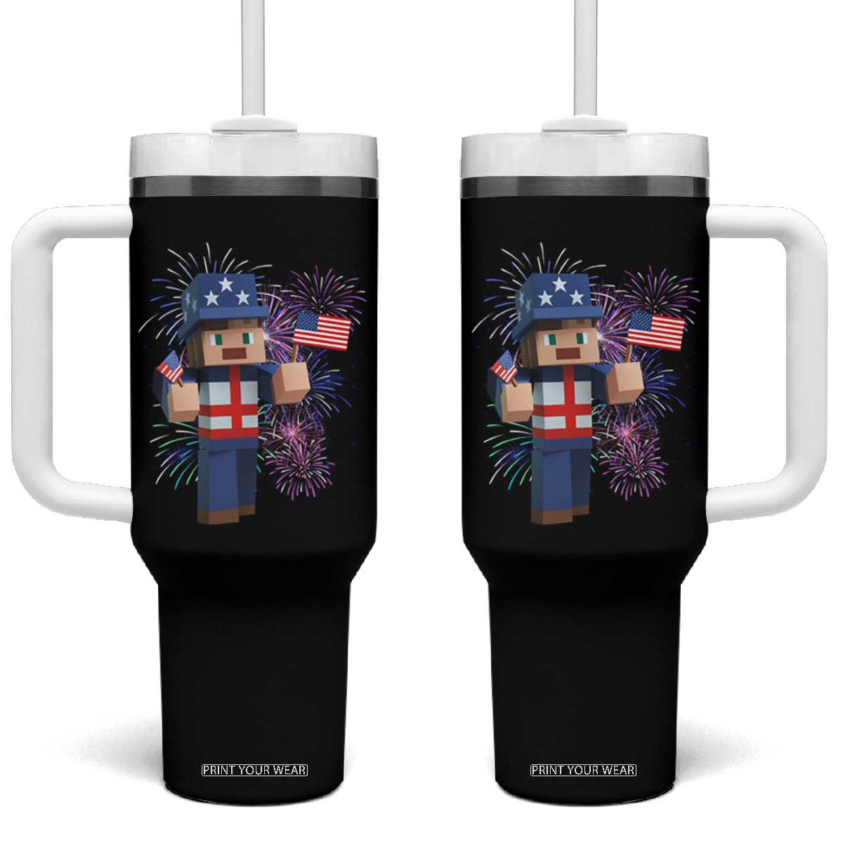 4th of July Gamer Tumbler With Handle Uncle Sam Pixels Gaming Celebrate Independence Day TS02 One Size: 40 oz Black Print Your Wear