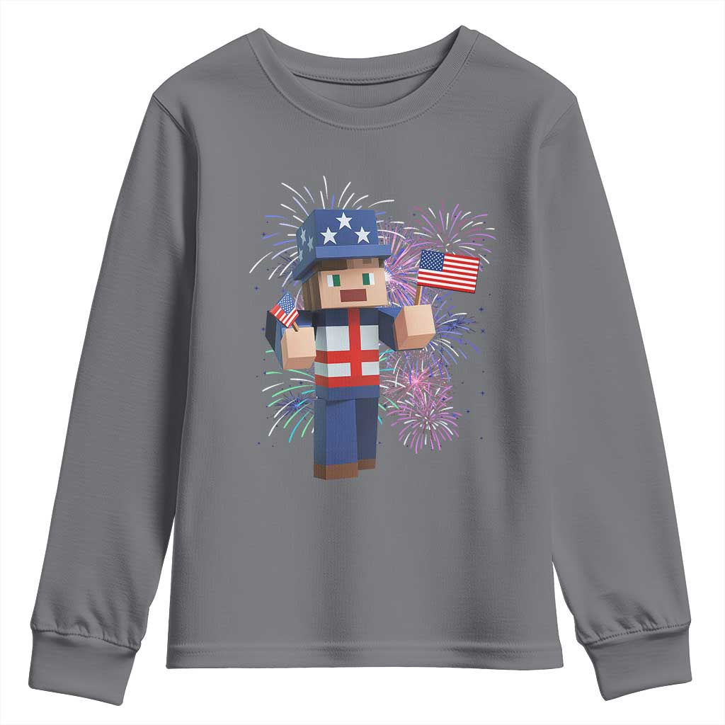 4th of July Gamer Youth Sweatshirt Uncle Sam Pixels Gaming Celebrate Independence Day TS02 Charcoal Print Your Wear