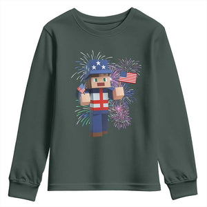 4th of July Gamer Youth Sweatshirt Uncle Sam Pixels Gaming Celebrate Independence Day TS02 Dark Forest Green Print Your Wear
