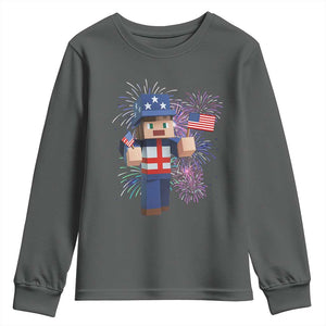 4th of July Gamer Youth Sweatshirt Uncle Sam Pixels Gaming Celebrate Independence Day TS02 Dark Heather Print Your Wear