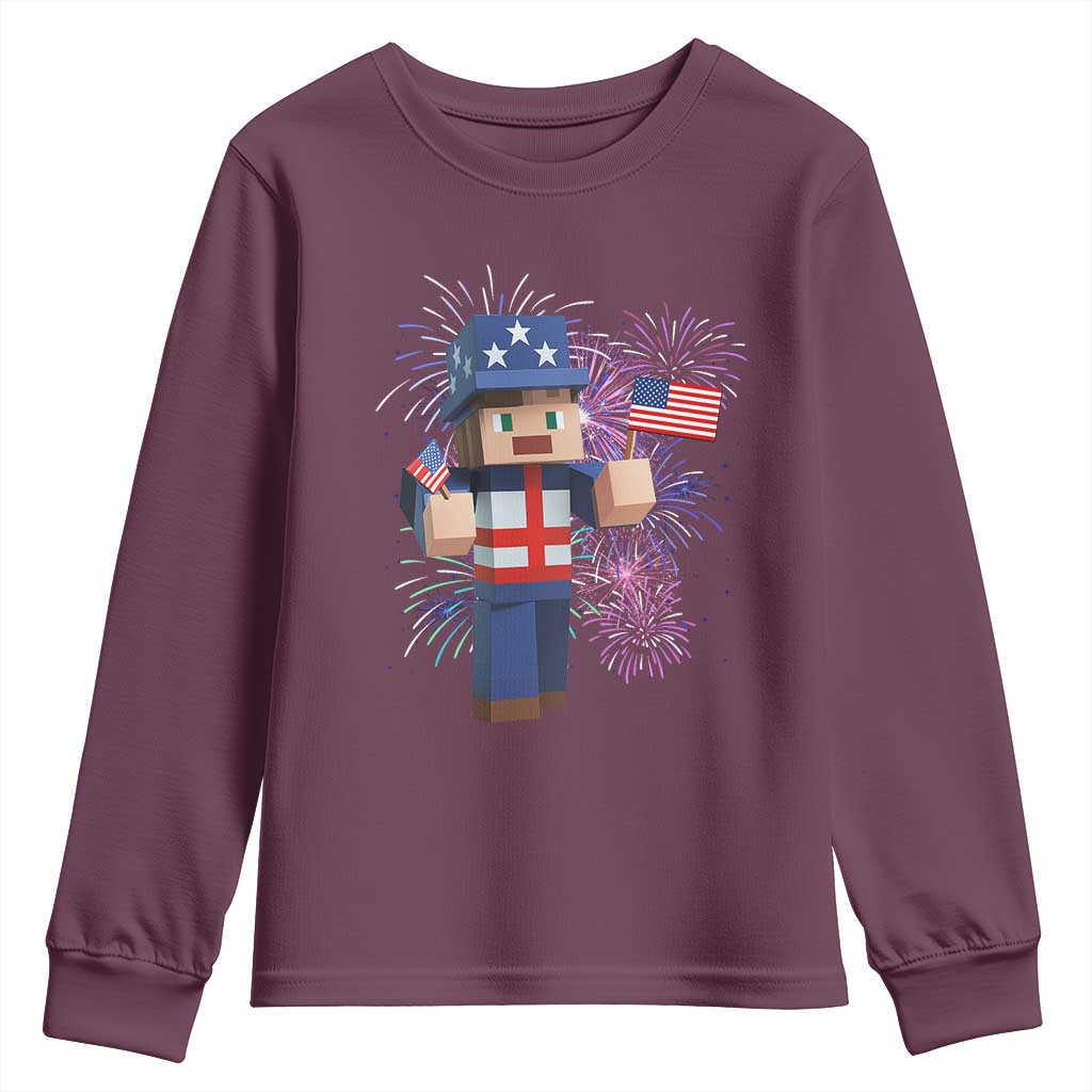 4th of July Gamer Youth Sweatshirt Uncle Sam Pixels Gaming Celebrate Independence Day TS02 Maroon Print Your Wear