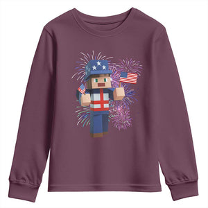 4th of July Gamer Youth Sweatshirt Uncle Sam Pixels Gaming Celebrate Independence Day TS02 Maroon Print Your Wear