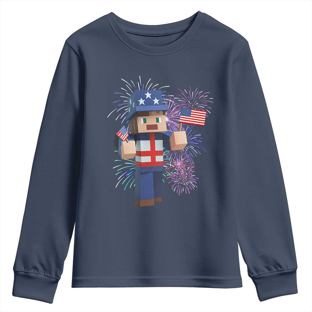4th of July Gamer Youth Sweatshirt Uncle Sam Pixels Gaming Celebrate Independence Day TS02 Navy Print Your Wear