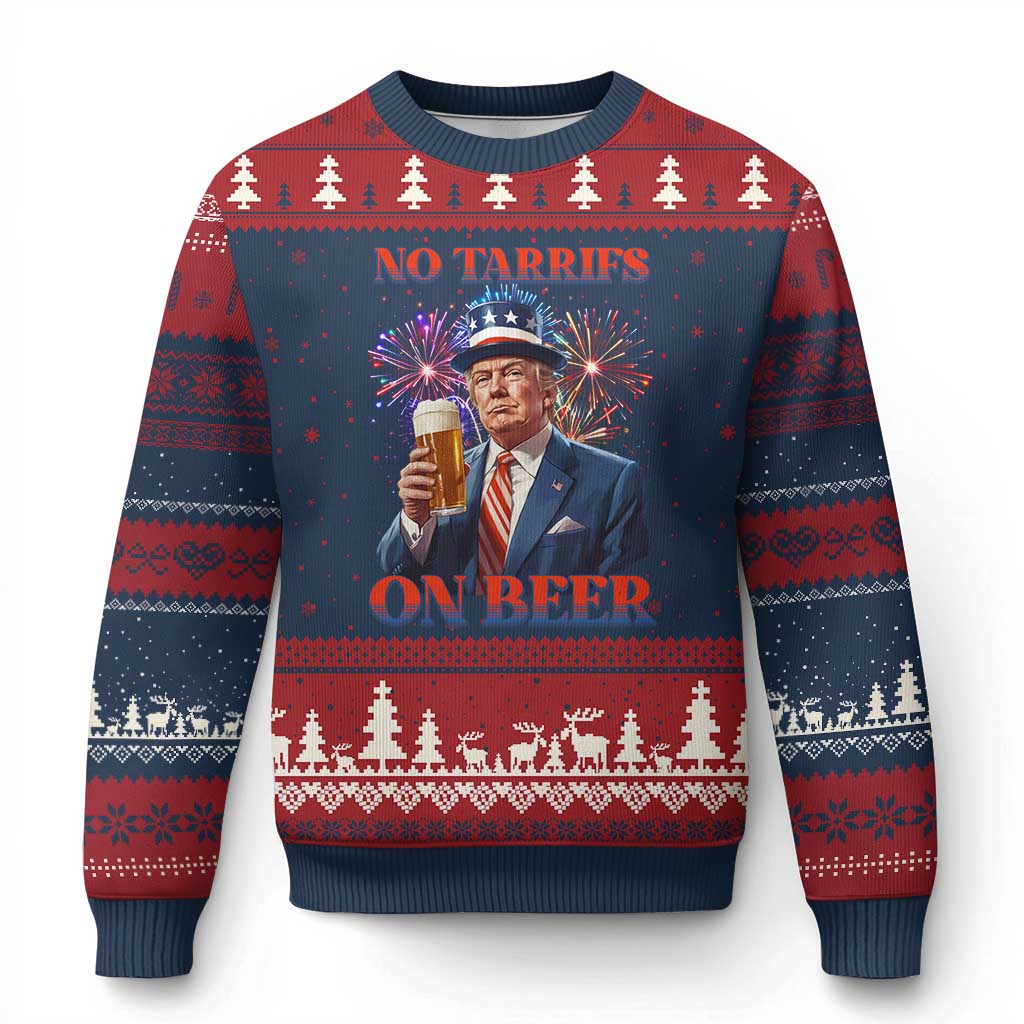 Funny Trump 4th of July Ugly Christmas Sweater No Tariffs On Beer Drinking USA Patriotic 2025 TS02 Navy Red Print Your Wear