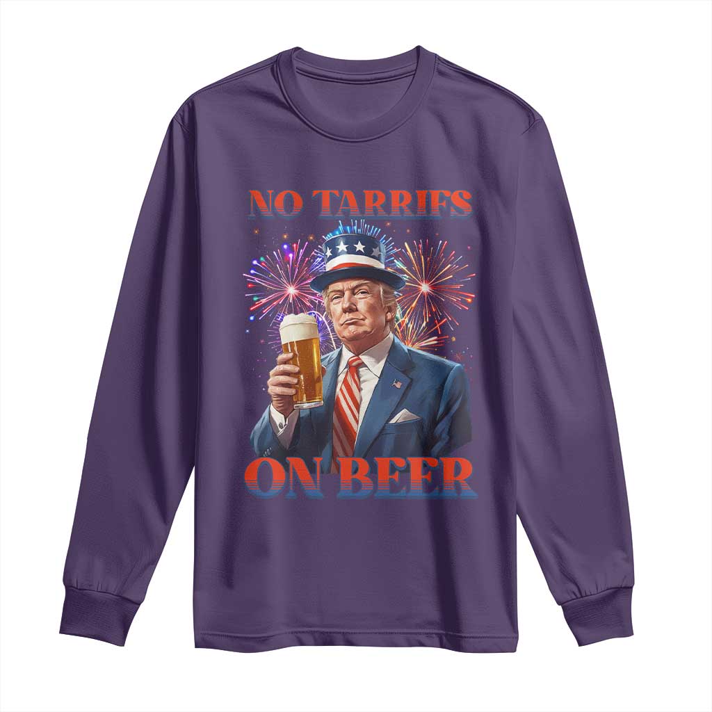 Funny Trump 4th of July Long Sleeve Shirt No Tariffs On Beer Drinking USA Patriotic 2025 TS02 Purple Print Your Wear