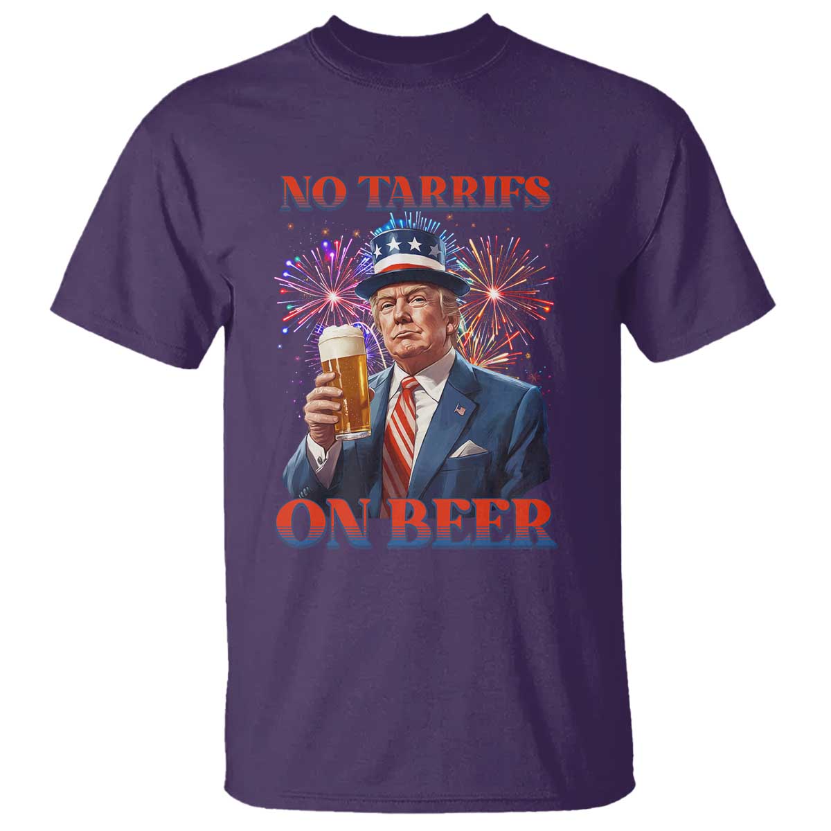 Funny Trump 4th of July T Shirt No Tariffs On Beer Drinking USA Patriotic 2025 TS02 Purple Print Your Wear