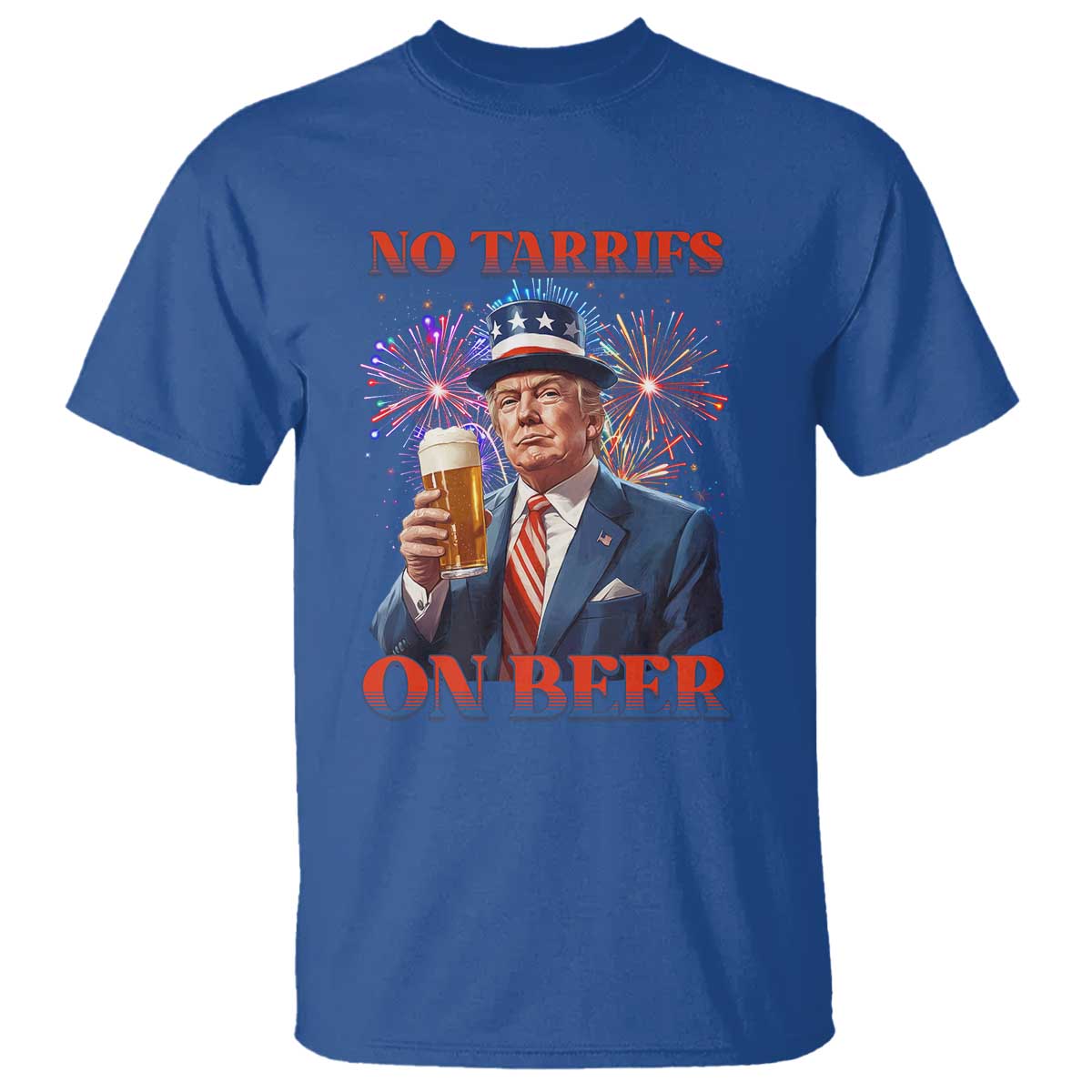 Funny Trump 4th of July T Shirt No Tariffs On Beer Drinking USA Patriotic 2025 TS02 Royal Blue Print Your Wear