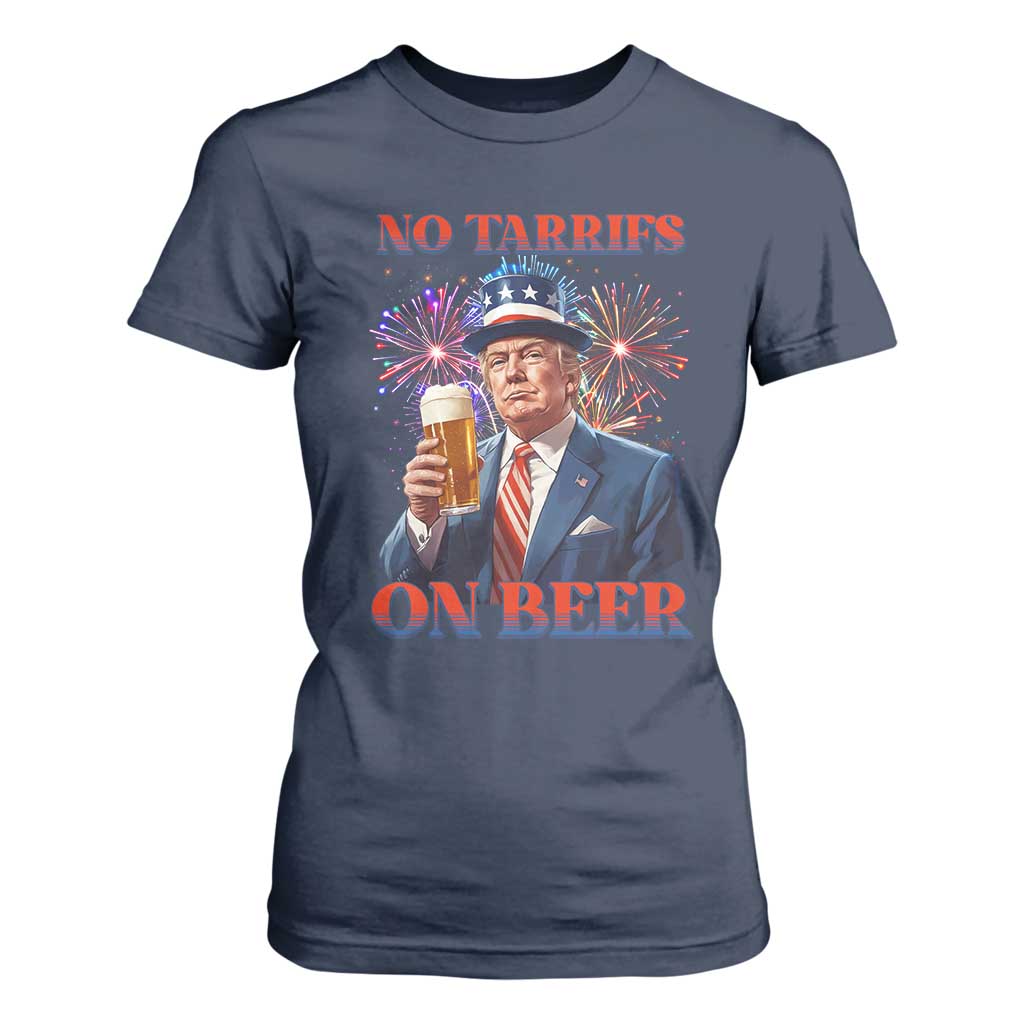Funny Trump 4th of July T Shirt For Women No Tariffs On Beer Drinking USA Patriotic 2025 TS02 Navy Print Your Wear