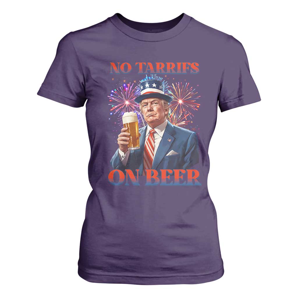 Funny Trump 4th of July T Shirt For Women No Tariffs On Beer Drinking USA Patriotic 2025 TS02 Purple Print Your Wear